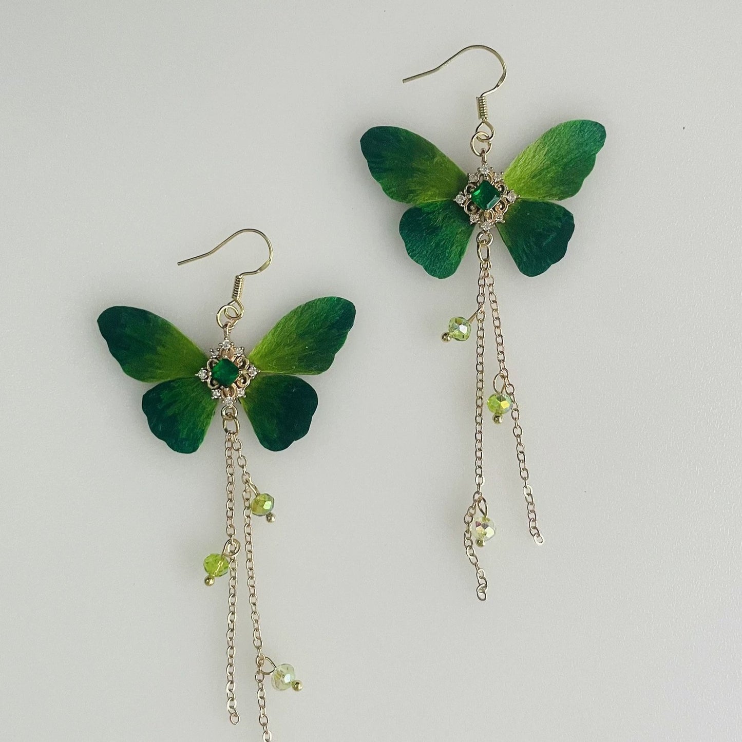 Handmade Ronghua Green Butterfly Tassel Earrings | Mulberry Silk Velvet Butterfly Long Drop Earrings with Crystal Chain