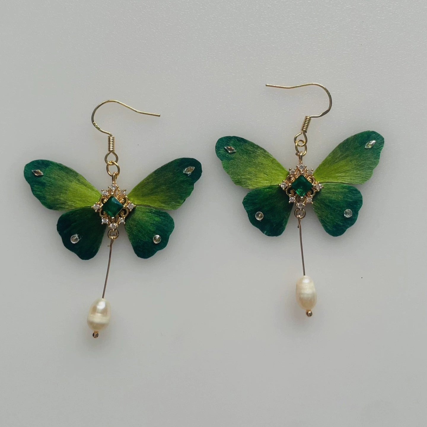 Handmade Ronghua green butterfly long tassel earrings in mulberry silk velvet with emerald crystal and gold chain drops