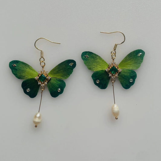 Handmade Ronghua green butterfly long tassel earrings in mulberry silk velvet with emerald crystal and gold chain drops