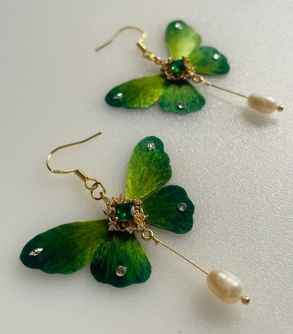 Handmade Ronghua Green Butterfly Tassel Earrings | Mulberry Silk Velvet Butterfly Long Drop Earrings with Crystal Chain