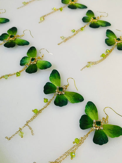 Handmade Ronghua Green Butterfly Tassel Earrings | Mulberry Silk Velvet Butterfly Long Drop Earrings with Crystal Chain