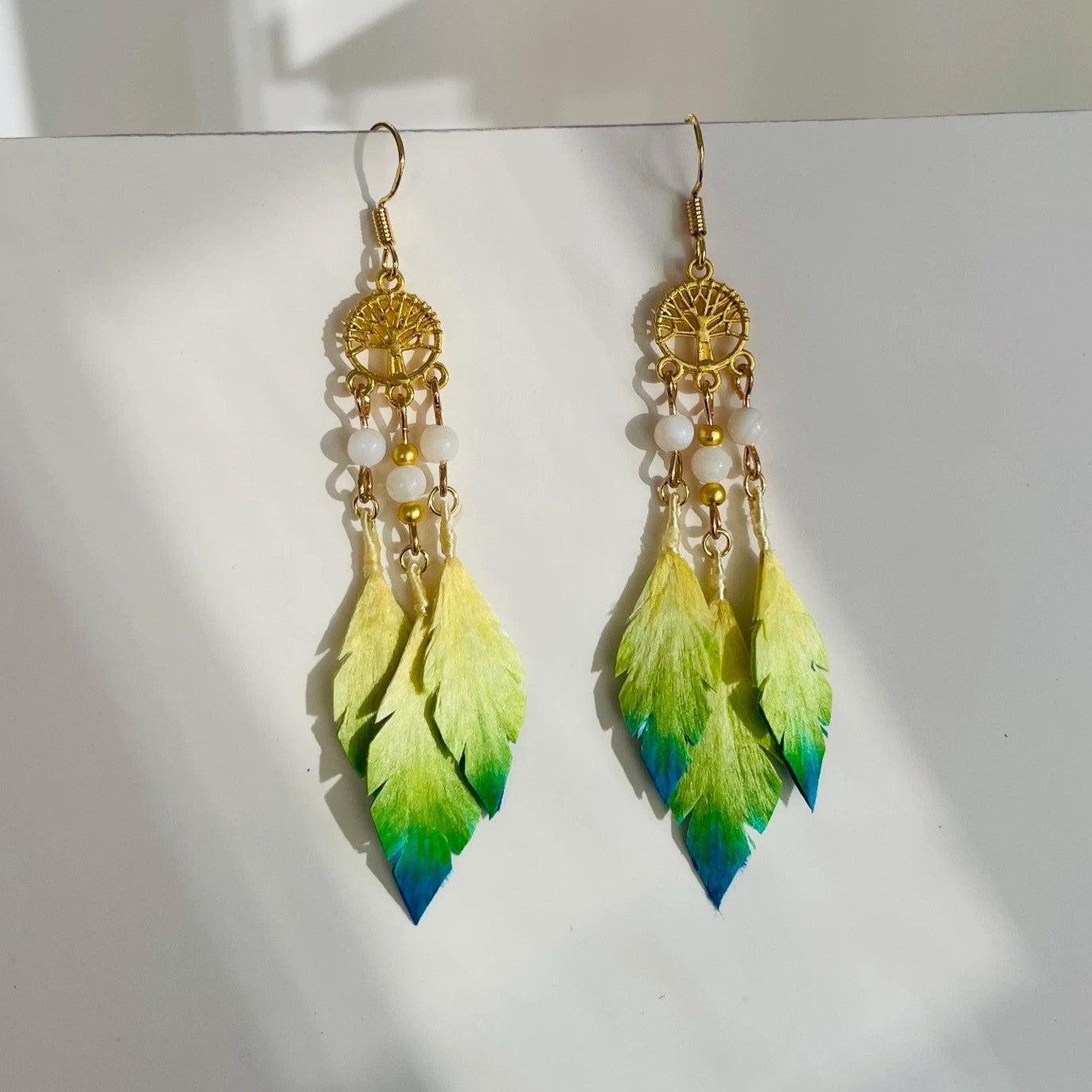 Handmade Ronghua gradient yellow-green silk velvet leaf chandelier earrings with Tree of Life connector and jade beads
