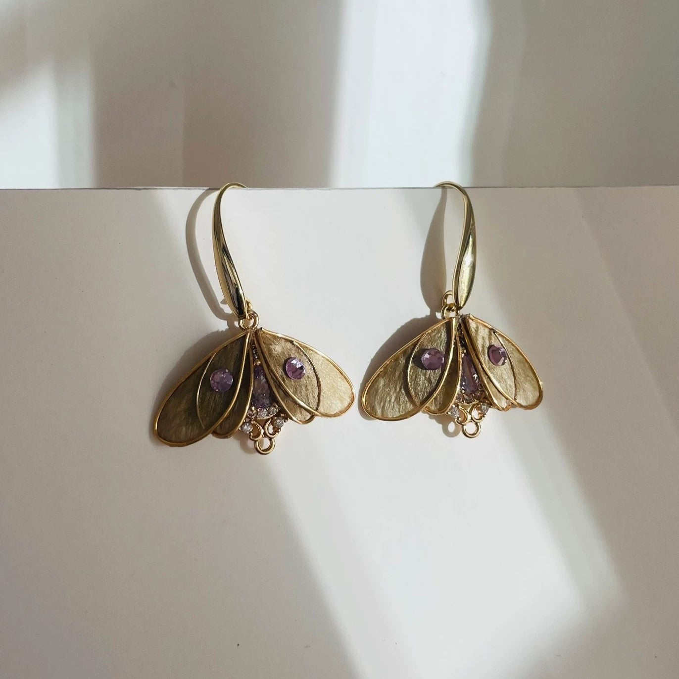 Handmade Ronghua purple-green silk velvet moth drop earrings with purple crystal accents and gold details