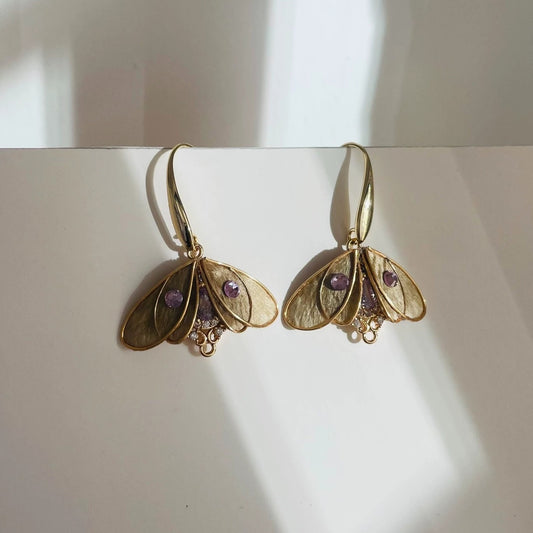 Handmade Ronghua purple-green silk velvet moth drop earrings with purple crystal accents and gold details