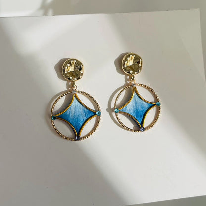 Handmade Ronghua blue gradient silk velvet circle drop earrings with hammered gold frame and crystal accents