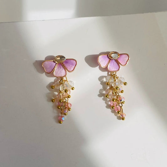 Handmade Ronghua pink wisteria tassel earrings in mulberry silk velvet with crystal bead drops and gold details