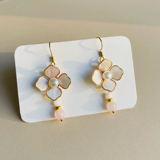 Handmade Ronghua pastel plum blossom drop earrings in ivory-pink mulberry silk velvet with pearl center and rose quartz bead