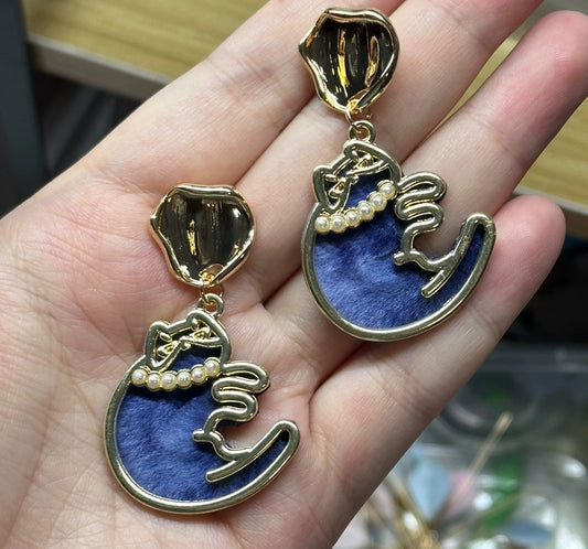 Handmade Ronghua navy blue lucky cat moon drop earrings in mulberry silk velvet with gold cat silhouette and seed pearls