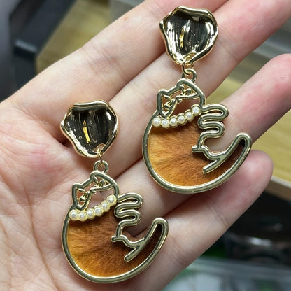 Handmade Ronghua Cat Moon Earrings | Mulberry Silk Velvet Lucky Cat Drop Earrings