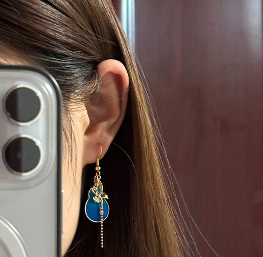 Handmade Ronghua Blue Gourd Earrings | Mulberry Silk Velvet Hulu Drop Earrings