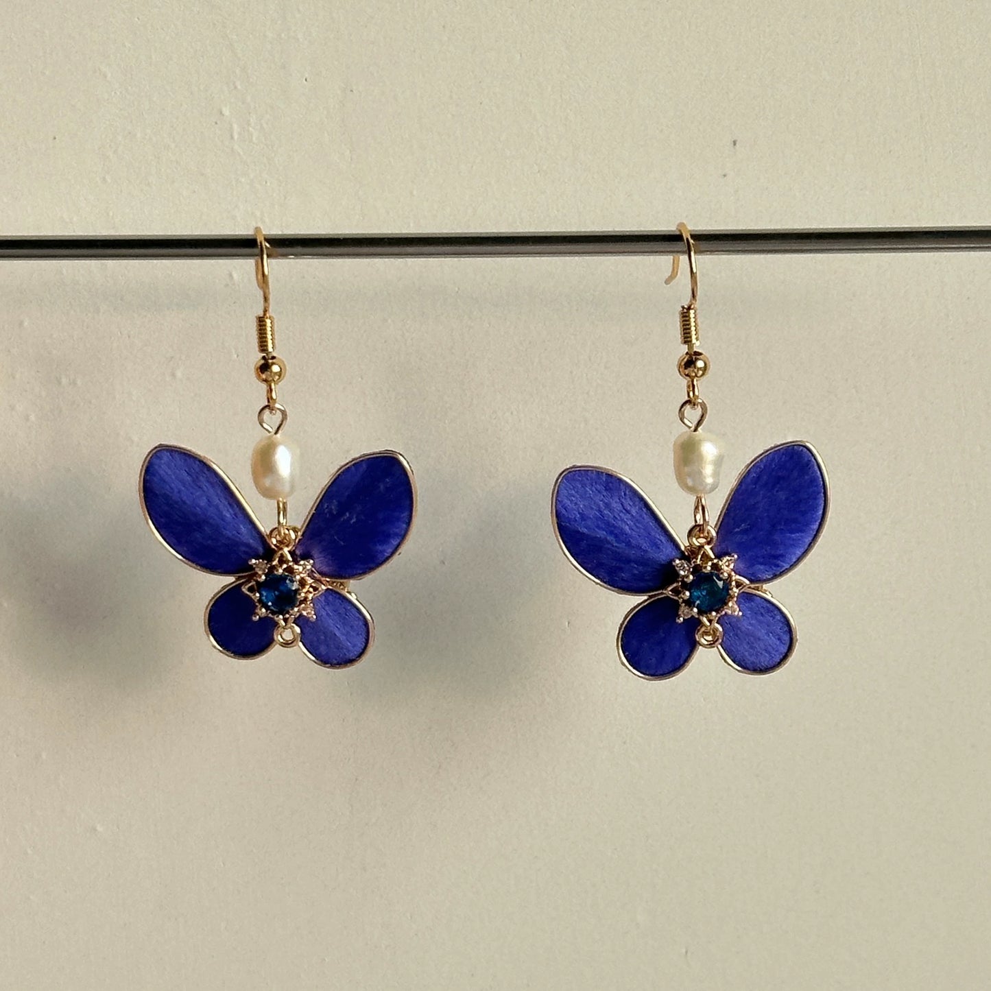 Handmade Ronghua Royal Blue Butterfly Earrings | Mulberry Silk Velvet Butterfly Drop Earrings with Pearl & Crystal