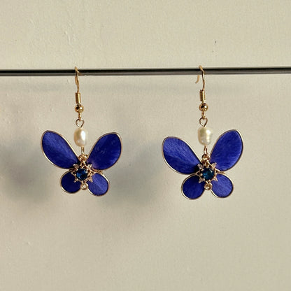 Handmade Ronghua Royal Blue Butterfly Earrings | Mulberry Silk Velvet Butterfly Drop Earrings with Pearl & Crystal