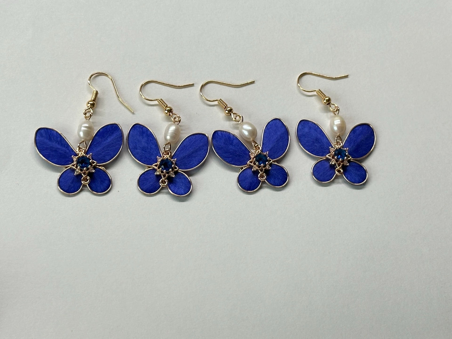 Handmade Ronghua Royal Blue Butterfly Earrings | Mulberry Silk Velvet Butterfly Drop Earrings with Pearl & Crystal