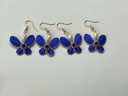 Handmade Ronghua Royal Blue Butterfly Earrings | Mulberry Silk Velvet Butterfly Drop Earrings with Pearl & Crystal