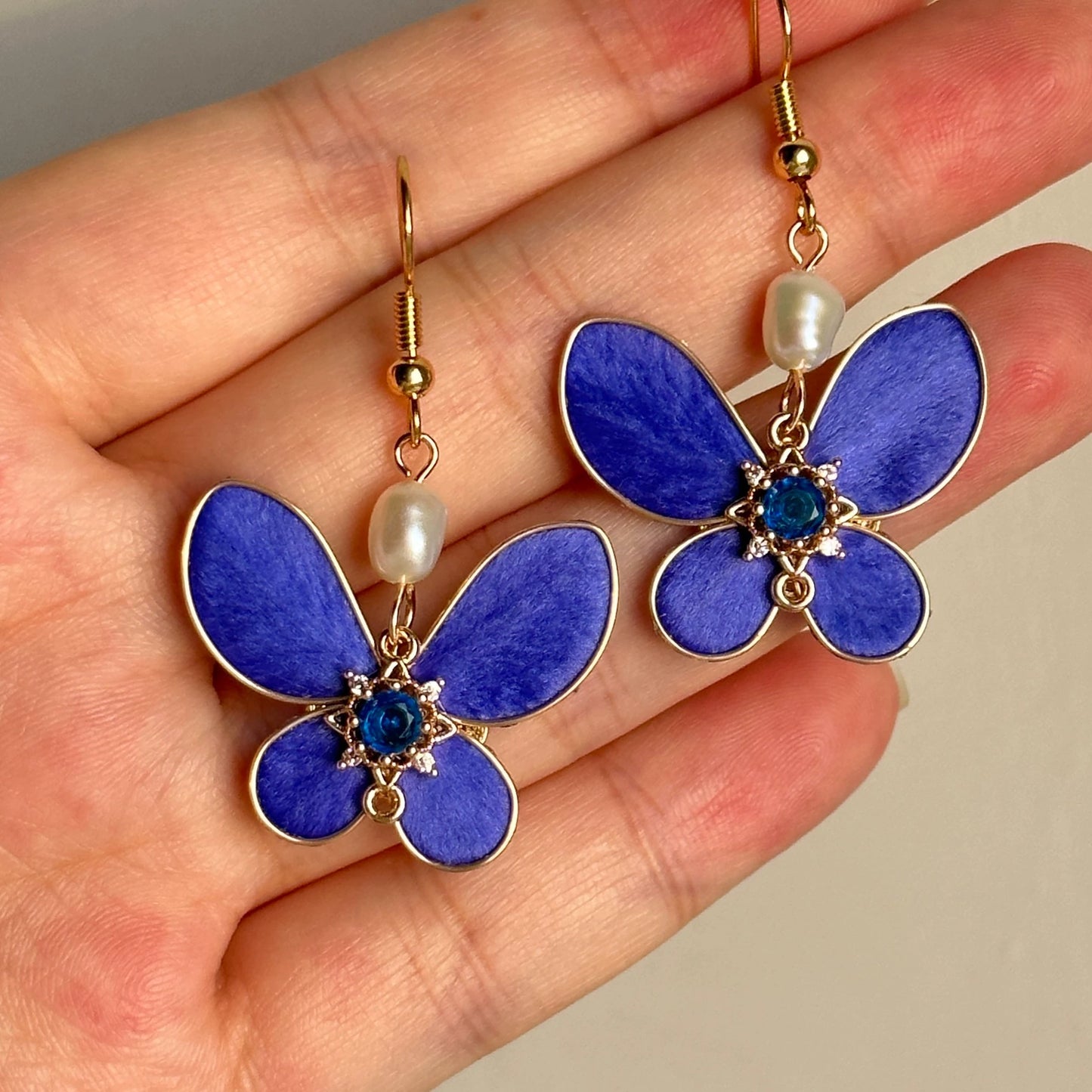 Handmade Ronghua Royal Blue Butterfly Earrings | Mulberry Silk Velvet Butterfly Drop Earrings with Pearl & Crystal