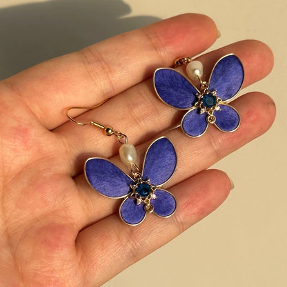 Handmade Ronghua Royal Blue Butterfly Earrings | Mulberry Silk Velvet Butterfly Drop Earrings with Pearl & Crystal