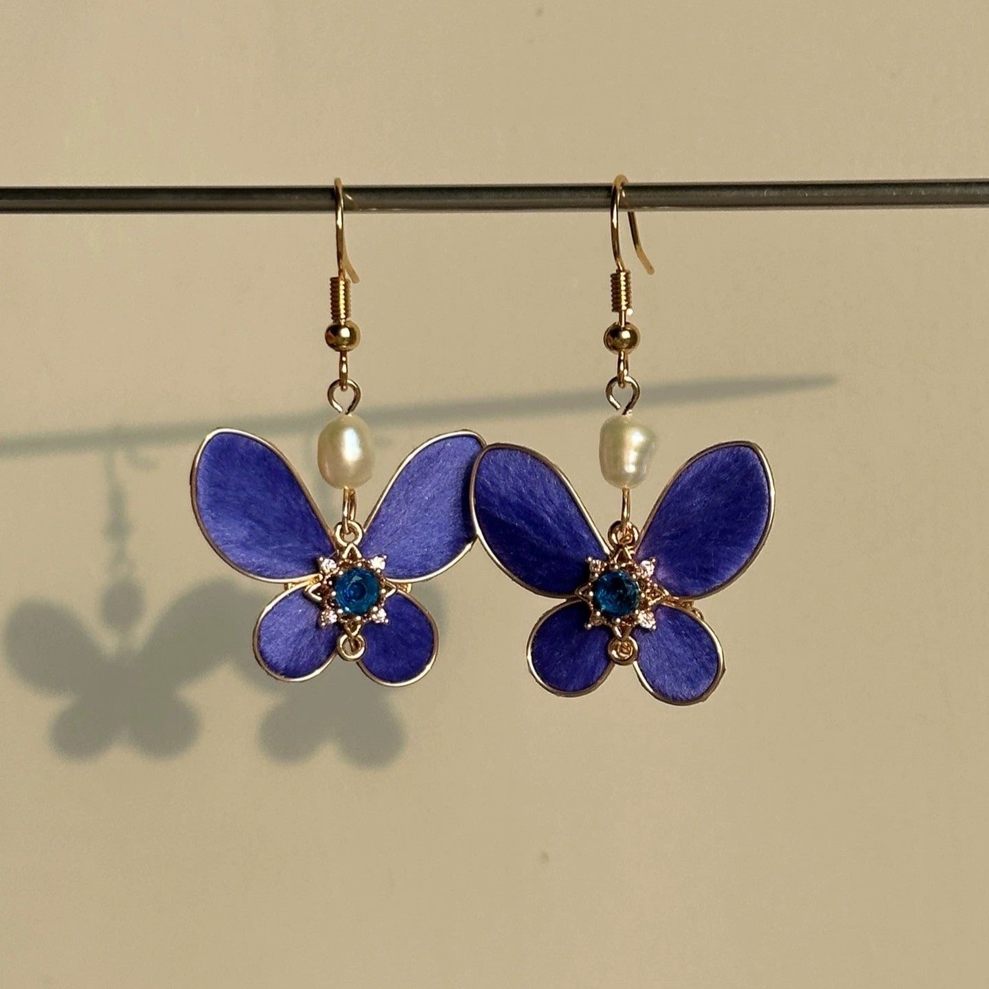 Handmade Ronghua Royal Blue Butterfly Earrings | Mulberry Silk Velvet Butterfly Drop Earrings with Pearl & Crystal