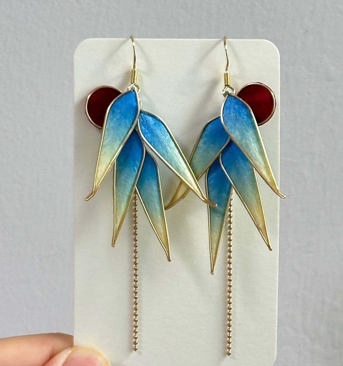 Handmade Ronghua blue-green silk velvet bamboo leaf long drop earrings with gold chain tassels and red accent