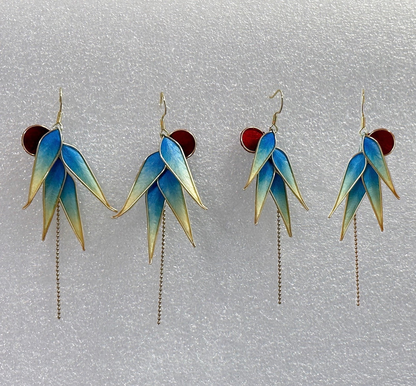 Handmade Ronghua Blue-Green Bamboo Leaf Earrings | Mulberry Silk Velvet Bamboo Long Drop Earrings with Chain