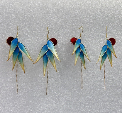 Handmade Ronghua Blue-Green Bamboo Leaf Earrings | Mulberry Silk Velvet Bamboo Long Drop Earrings with Chain