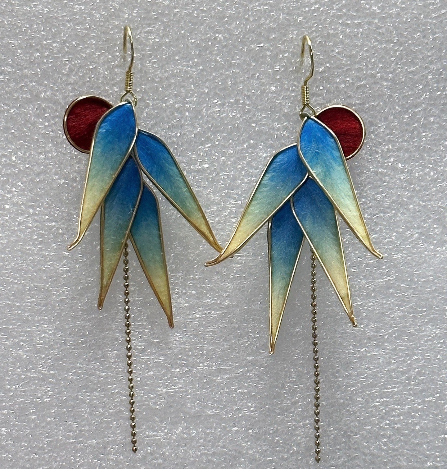 Handmade Ronghua Blue-Green Bamboo Leaf Earrings | Mulberry Silk Velvet Bamboo Long Drop Earrings with Chain