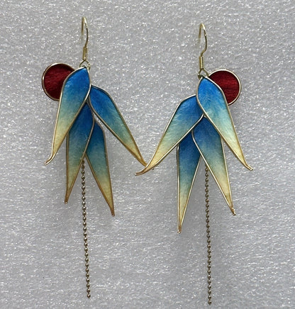 Handmade Ronghua Blue-Green Bamboo Leaf Earrings | Mulberry Silk Velvet Bamboo Long Drop Earrings with Chain