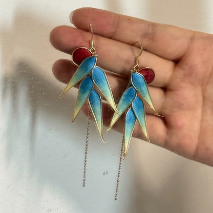 Handmade Ronghua Blue-Green Bamboo Leaf Earrings | Mulberry Silk Velvet Bamboo Long Drop Earrings with Chain