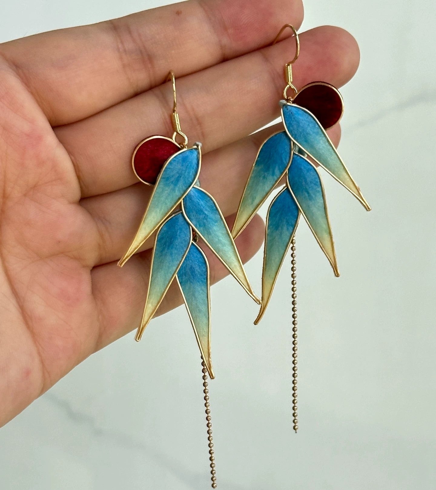 Handmade Ronghua Blue-Green Bamboo Leaf Earrings | Mulberry Silk Velvet Bamboo Long Drop Earrings with Chain