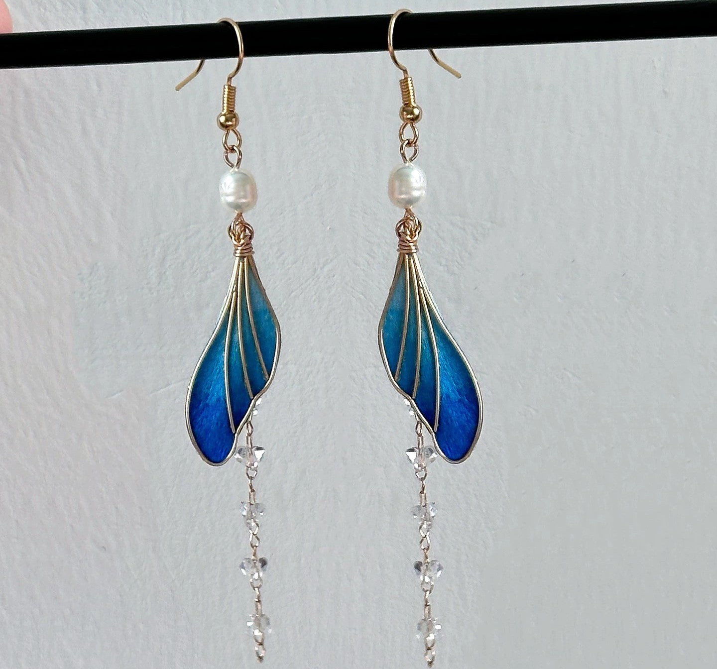 Handmade Ronghua blue silk velvet fishtail long drop earrings with freshwater pearl and crystal bead chain tassel on gold hooks