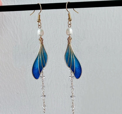 Handmade Ronghua blue silk velvet fishtail long drop earrings with freshwater pearl and crystal bead chain tassel on gold hooks