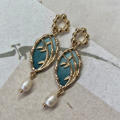 Handmade Ronghua Bamboo Window Earrings | Mulberry Silk Velvet Blue Bamboo Leaf Drop Earrings with Pearl