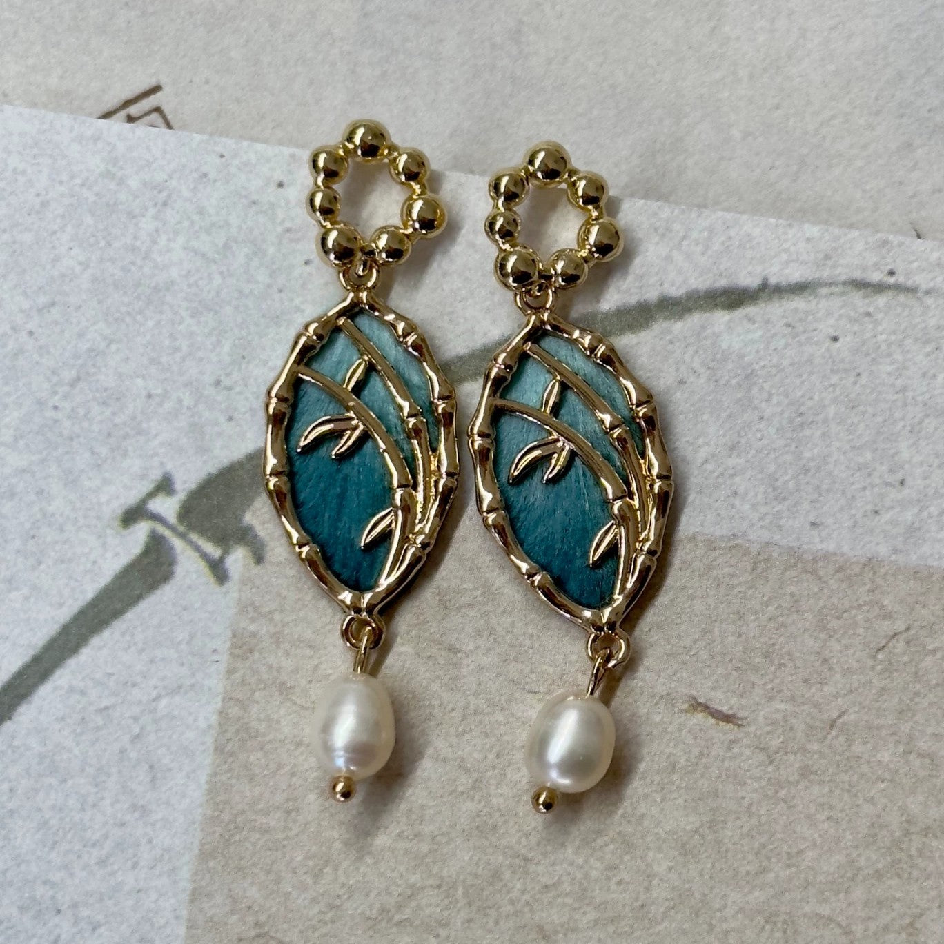 Handmade Ronghua Bamboo Window Earrings | Mulberry Silk Velvet Blue Bamboo Leaf Drop Earrings with Pearl