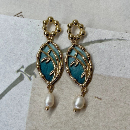 Handmade Ronghua Bamboo Window Earrings | Mulberry Silk Velvet Blue Bamboo Leaf Drop Earrings with Pearl