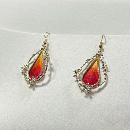 Handmade Ronghua red-orange gradient silk velvet teardrop drop earrings with gold plum-blossom frame