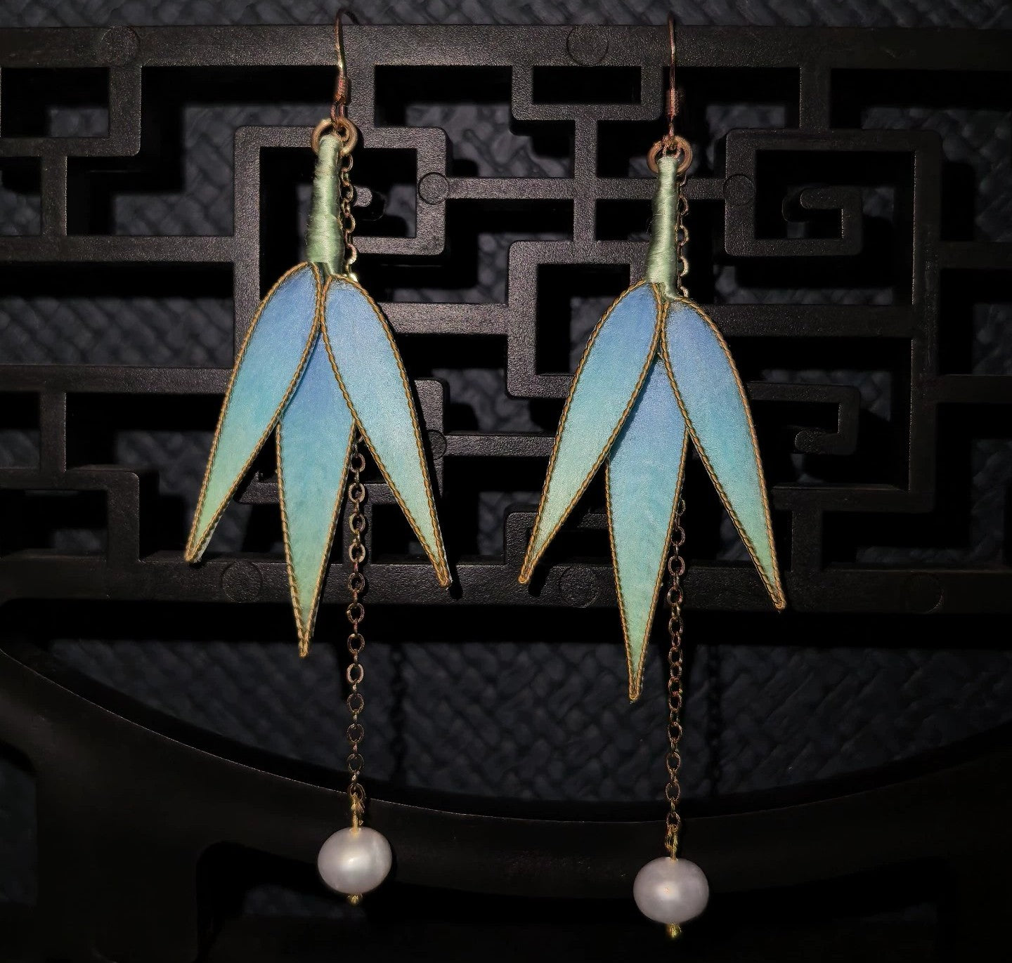 Handmade Ronghua Blue-Green Bamboo Leaf Earrings | Mulberry Silk Velvet Double Leaf Drop Earrings with Pearl