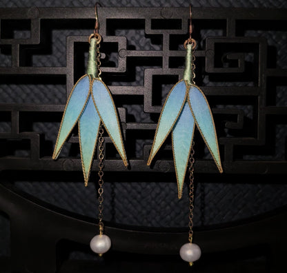 Handmade Ronghua Blue-Green Bamboo Leaf Earrings | Mulberry Silk Velvet Double Leaf Drop Earrings with Pearl