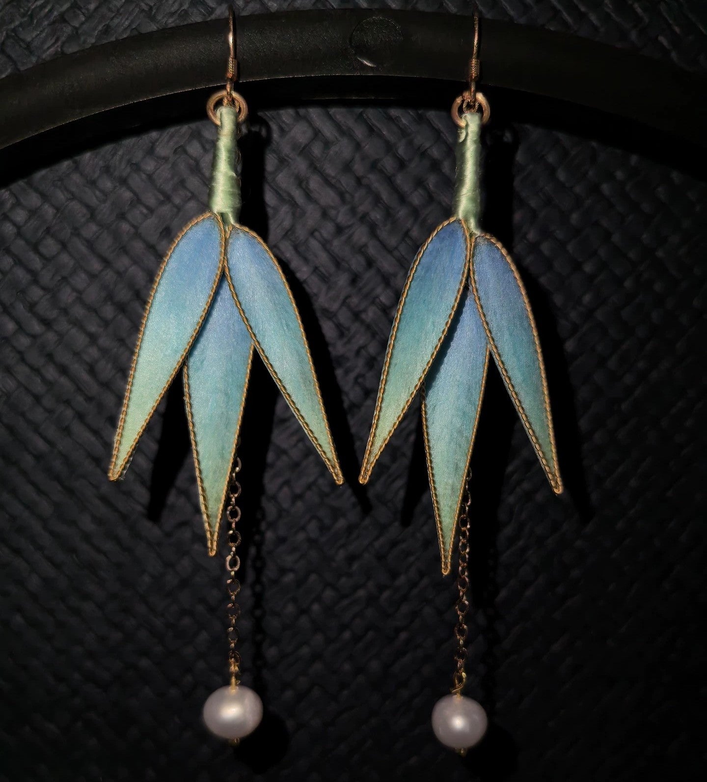 Handmade Ronghua Blue-Green Bamboo Leaf Earrings | Mulberry Silk Velvet Double Leaf Drop Earrings with Pearl