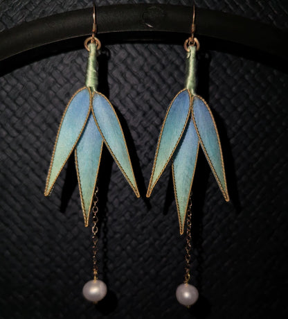 Handmade Ronghua Blue-Green Bamboo Leaf Earrings | Mulberry Silk Velvet Double Leaf Drop Earrings with Pearl
