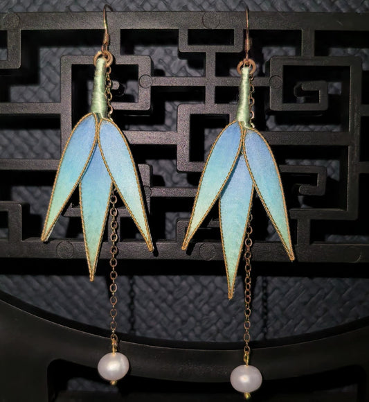 Handmade Ronghua Blue-Green Bamboo Leaf Earrings | Mulberry Silk Velvet Double Leaf Drop Earrings with Pearl