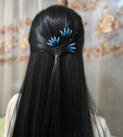 Handmade Ronghua Pine Needle Hairpin | Mulberry Silk Velvet Pine Branch Hairpin with Plum Blossom