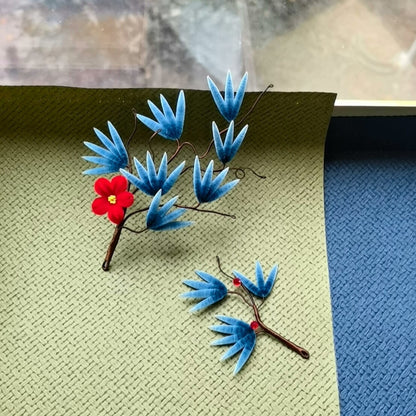 Handmade Ronghua Pine Needle Hairpin | Mulberry Silk Velvet Pine Branch Hairpin with Plum Blossom
