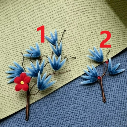 Handmade Ronghua Pine Needle Hairpin | Mulberry Silk Velvet Pine Branch Hairpin with Plum Blossom