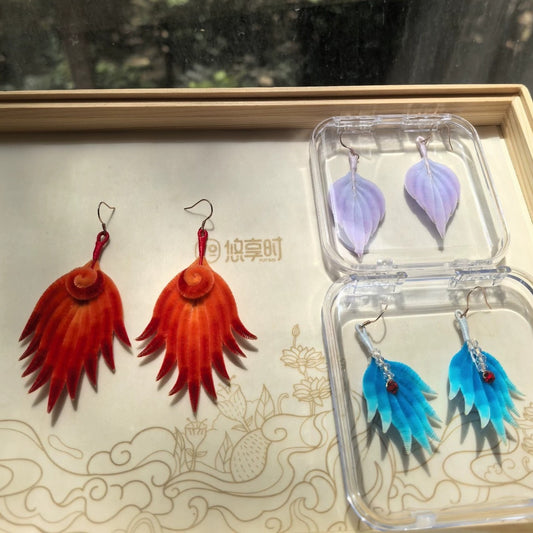 Handmade Ronghua Velvet Feather Earrings | Real Mulberry Silk Red Phoenix Wing Drop Earrings