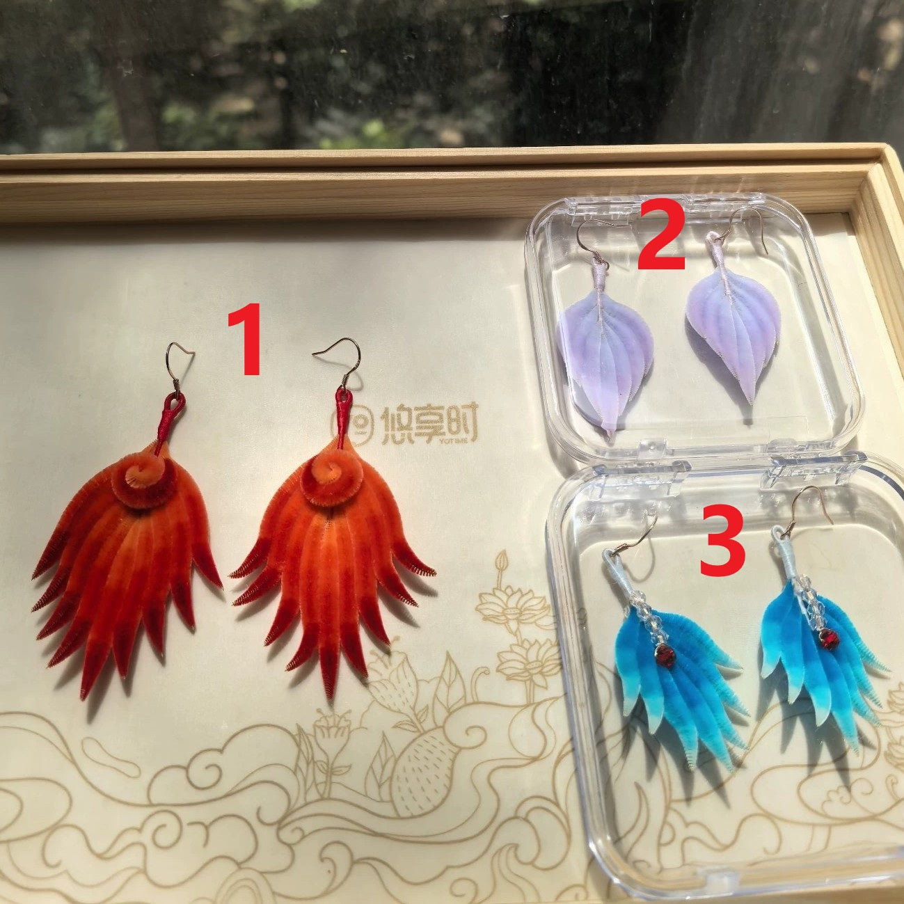 Handmade Ronghua Velvet Feather Earrings | Real Mulberry Silk Red Phoenix Wing Drop Earrings