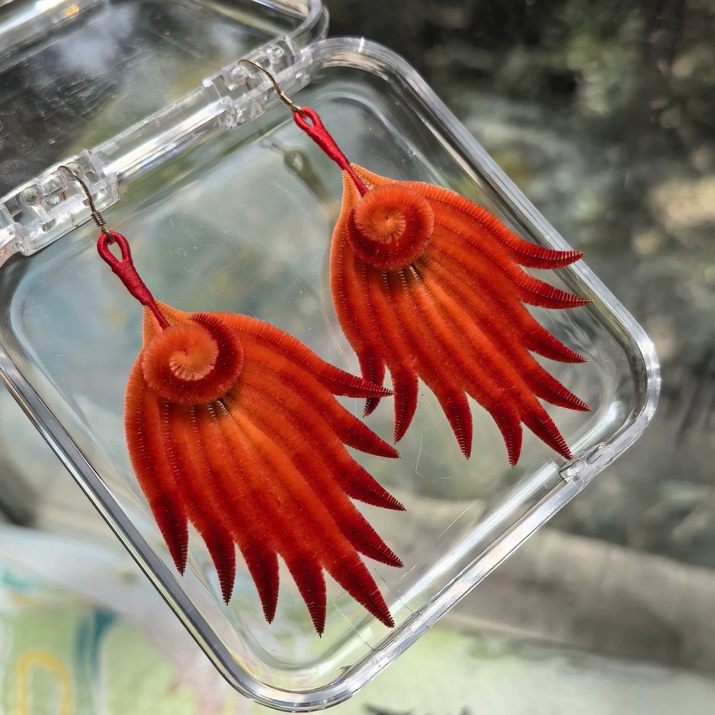 Handmade red Ronghua velvet phoenix feather earrings in clear display box – authentic Chinese mulberry silk drop earrings