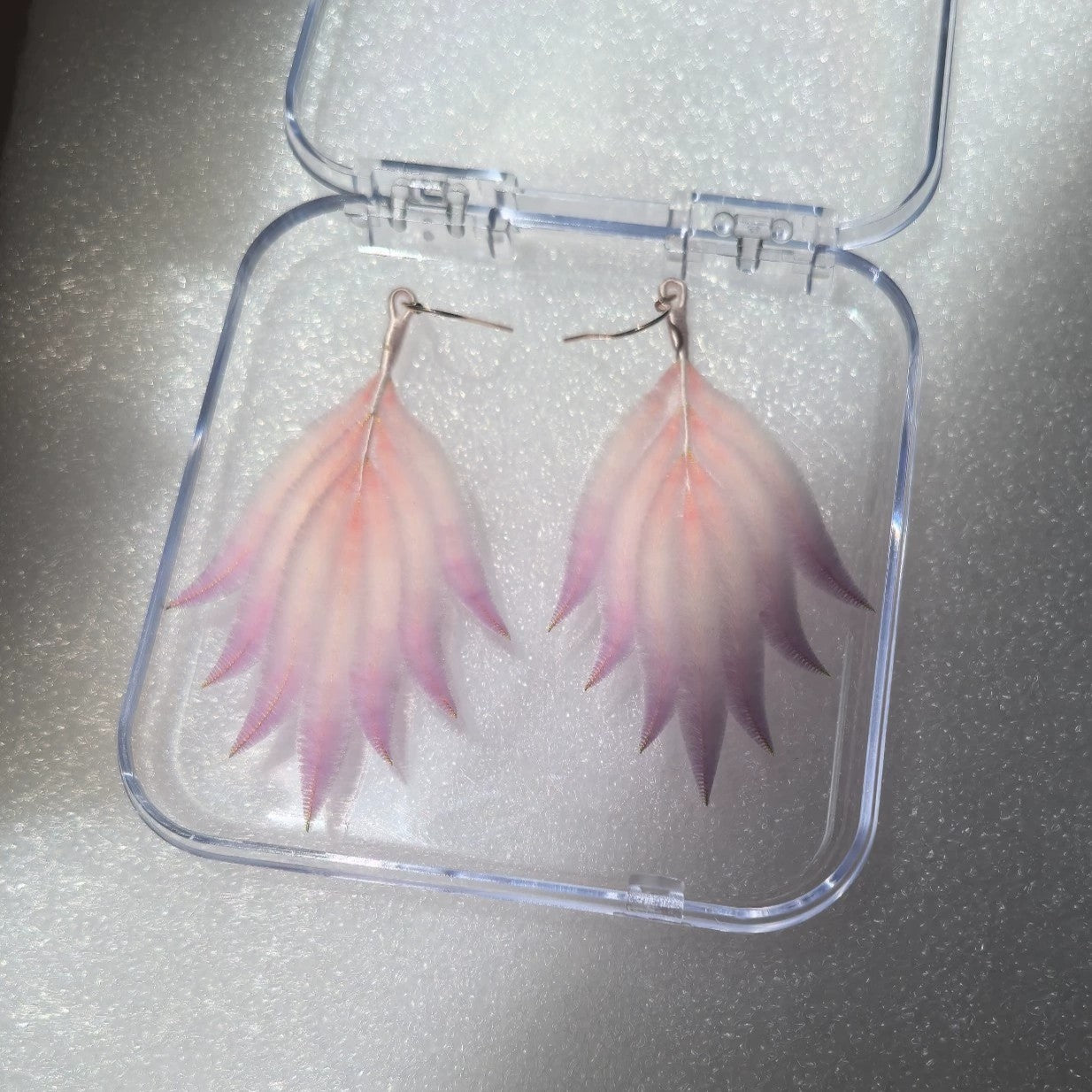 Handmade light pink Ronghua velvet feather earrings in clear display box – natural mulberry silk drop earrings
