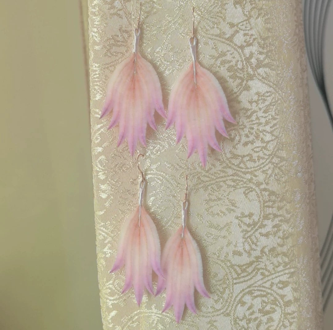 Handmade Ronghua Velvet Feather Earrings | Light Pink Mulberry Silk Drop Earrings
