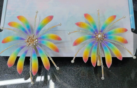 Handmade Ronghua rainbow firework brooch – natural mulberry silk velvet burst brooch with pearl stamens