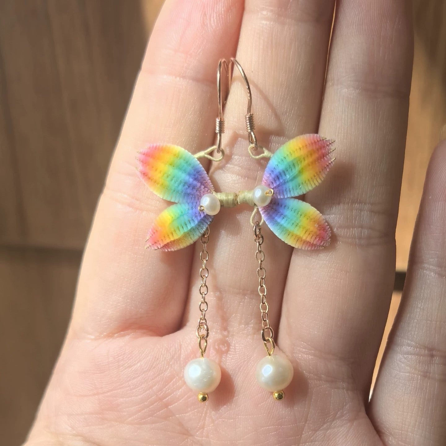 Handmade Ronghua rainbow butterfly drop earrings – mulberry silk velvet wings with freshwater pearl