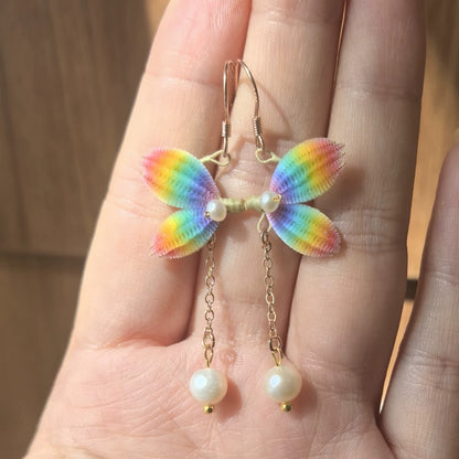 Handmade Ronghua rainbow butterfly drop earrings – mulberry silk velvet wings with freshwater pearl